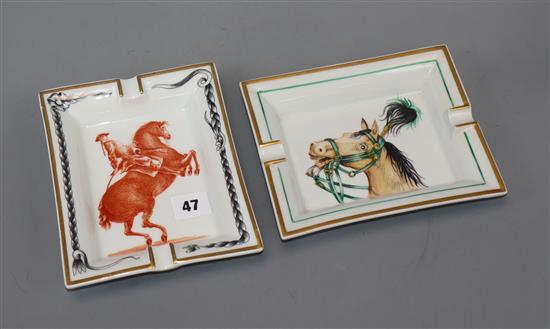 Two Hermes ashtrays, one with a gentleman on a rearing horse, the other a horses head